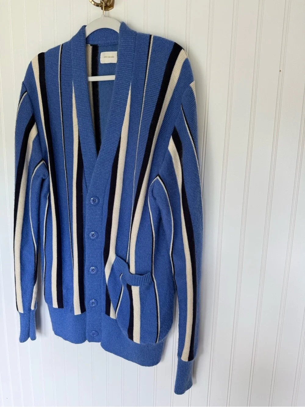 Aimé Leon Dore Striped Cardigan L Blue Cream Navy Wool Mohair Cotton Blend ALD